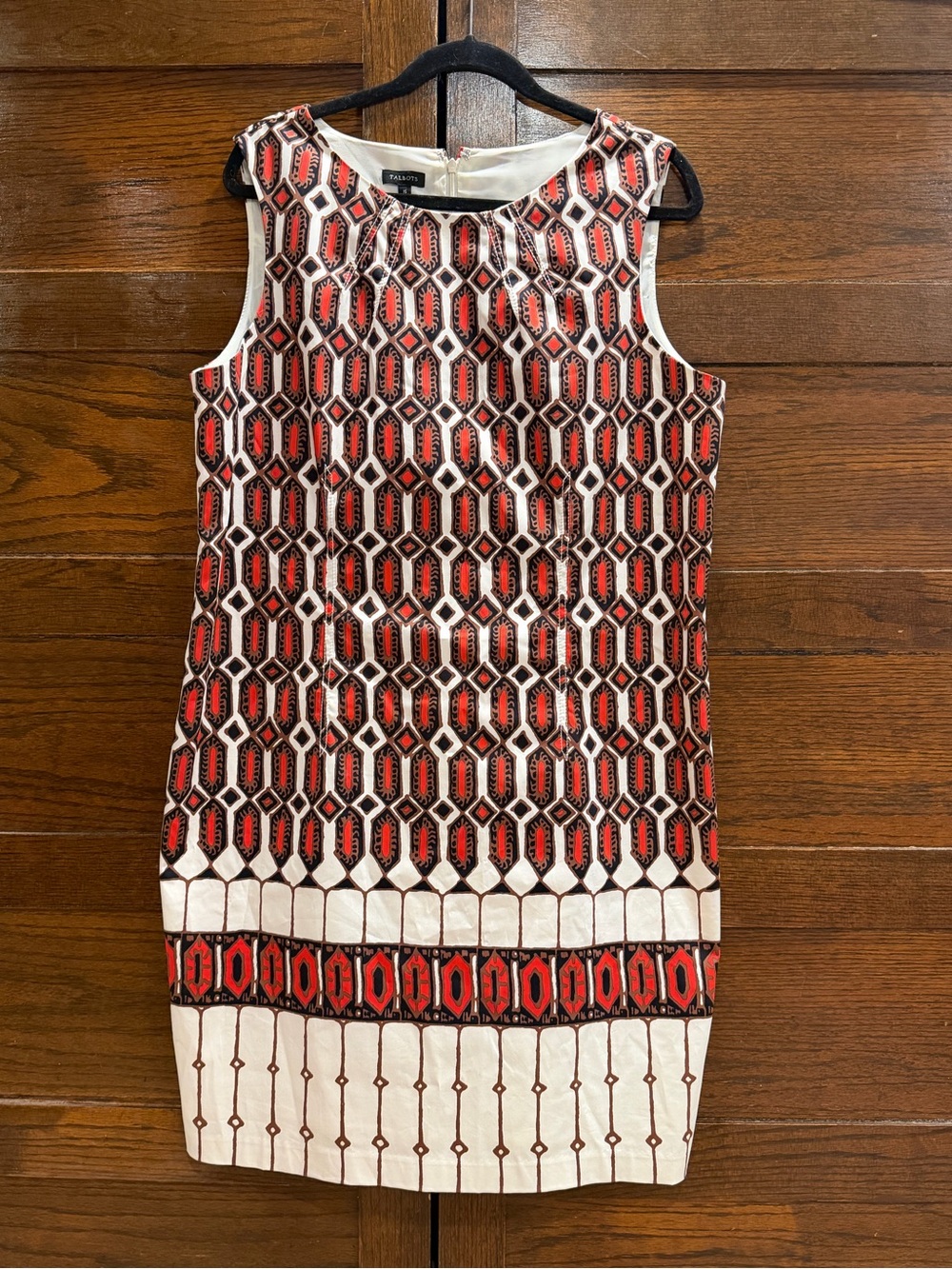 Talbots 16 Red Ivory Geometric Sheath Dress fully lined cotton sleeveless shift